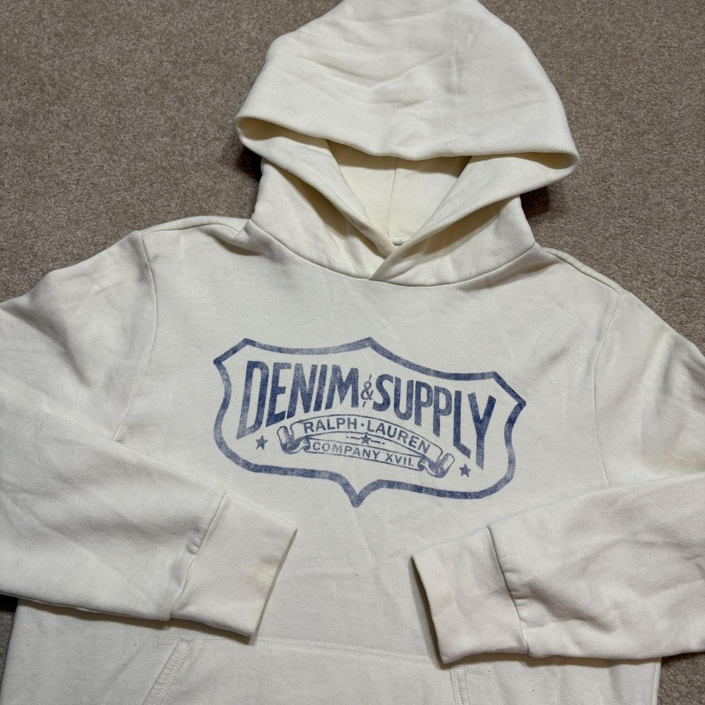 Denim & Supply Ralph Lauren Hoodie Sweatshirt Mens Medium White Logo Fleece